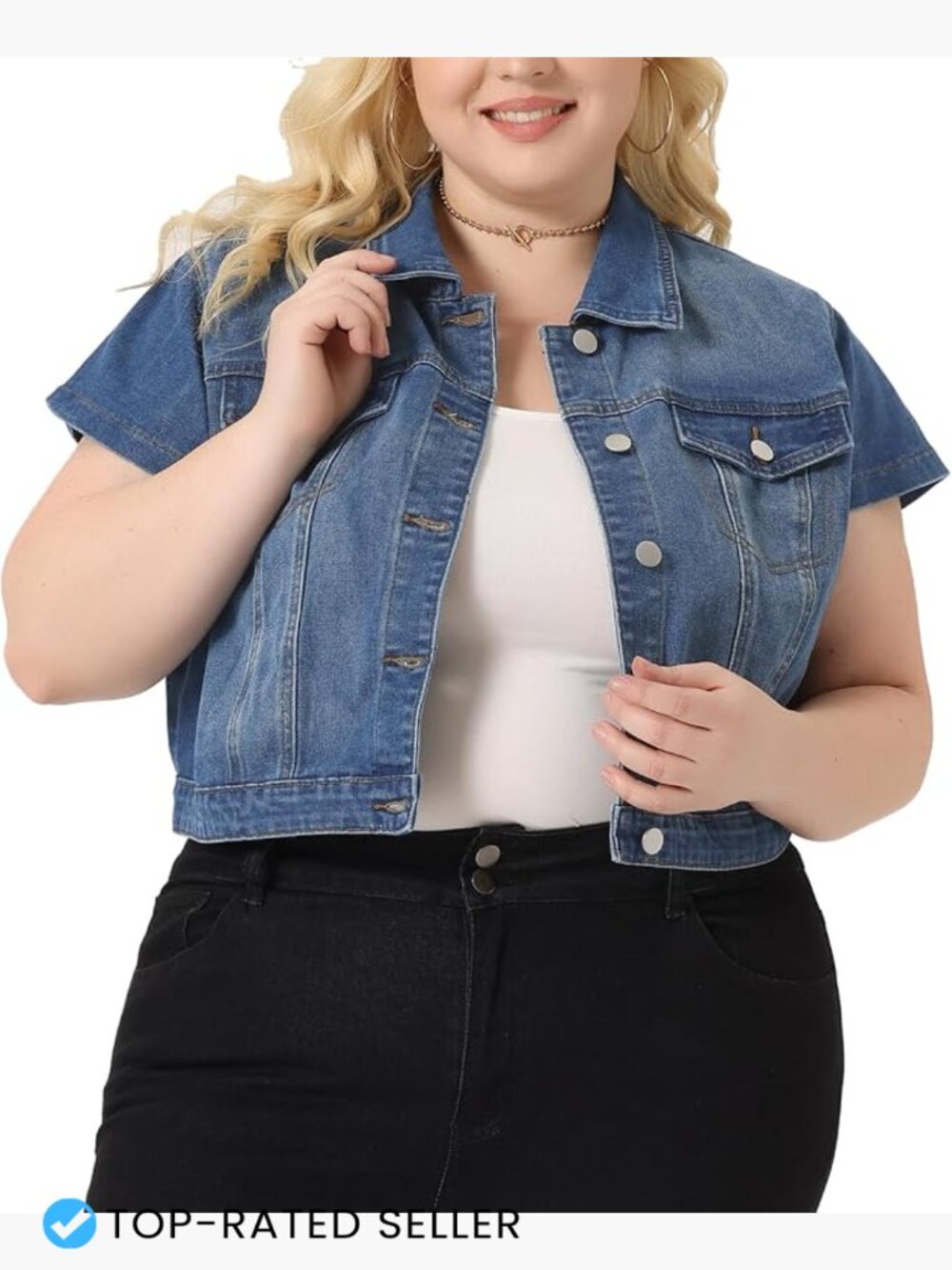 Plus Size Cropped Denim Jacket Short Sleeve Lightweight Button Down Washed